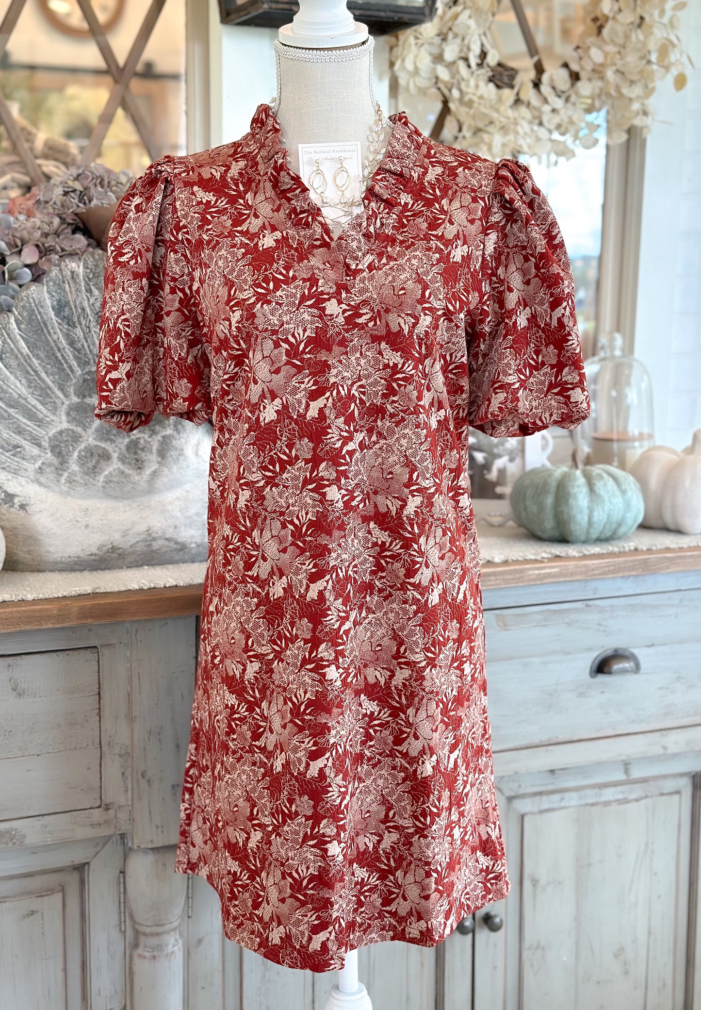 Ruffle V Neckline Bubble Sleeve Knit Dress: Burgundy