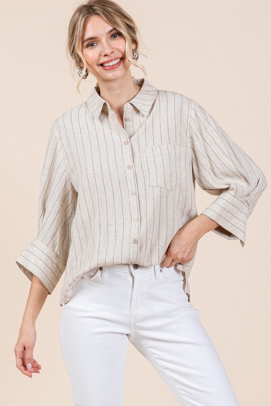 Striped Linen 3/4 Sleeves Top