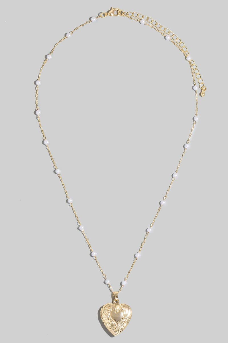 Intricate Heart Locket Pearl Beads Chain Necklace