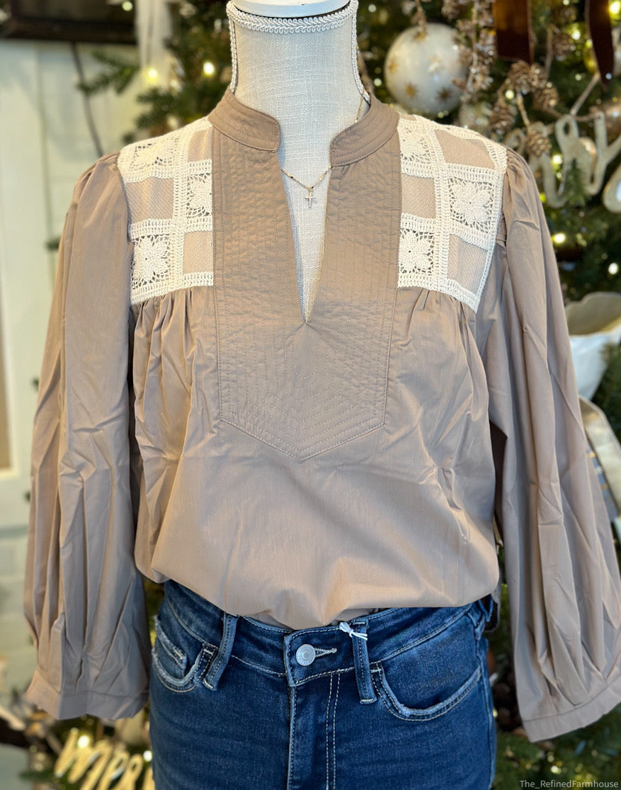 Mocha 3/4 sleeve v neck top featuring crochet lace detail
